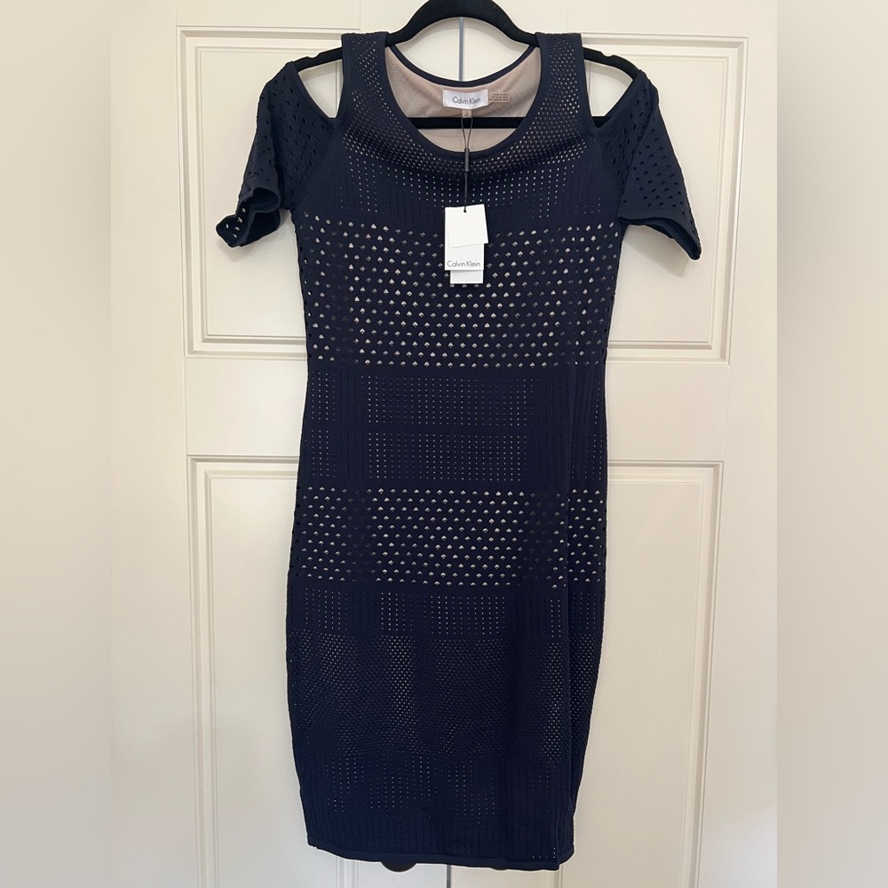 NWT Calvin Klein Cold Shoulder Bodycon Dress | Navy Blue